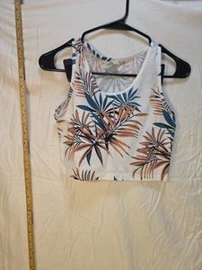Tropical Print Crop Tank Top White Blue Orange Leaf Pattern 97% Polyester - Picture 1 of 7