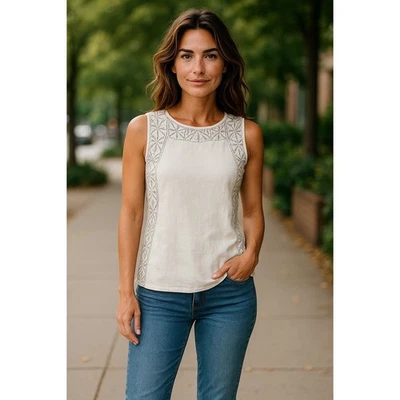 Blusa Tory Burch Sin Mangas Top Talla 6 Blanco Lino Adornado Cuentas Foto 1 de 4