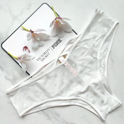 PINK Victoria's Secret Dot Mesh Cheeky Panty Coconut White Size XL - Image 1 of 4