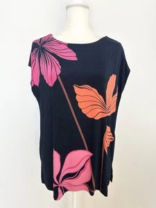 Chico's Women's Blouse Size 2 Black Pink Orange Floral Boat Neck Cap Sleeves - Picture 1 of 10