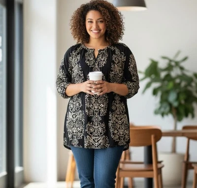 Blusa túnica negra Lucky Brand talla grande 1X manga 3/4 boho fluida Foto 1 de 4