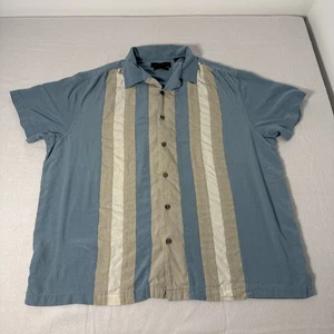 Axist Mens Silk Bowling Button Down Shirt XL Sage Blue Beige Tan Stripe - Picture 1 of 11