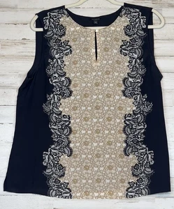 Talbots 100% Silk Sleeveless Blouse Top Womens 14 Black Beige Lace Print Keyhole - Picture 1 of 7