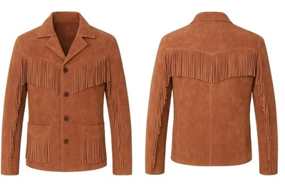 Brown Western Suede Leather Jacket Men Native American Real Fringe Cowboy Jacket - Image 1 of 3