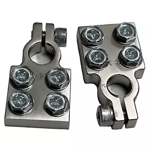 Pair of SAE 4 Spot Flat Battery Terminal Car Audio Top Post 4/0 AWG Lugs + Bolts - Picture 1 of 1