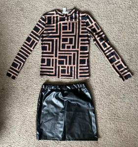 Shein Black Faux Leather Skirt+Black & Copper Geometric Top Size 11-12 Youth - Picture 1 of 15
