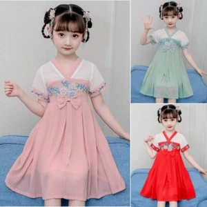 Kid Girl Dress Chiffon Floral Embroidery Short Sleeve Bowknot Chinese Hanfu - Picture 1 of 15