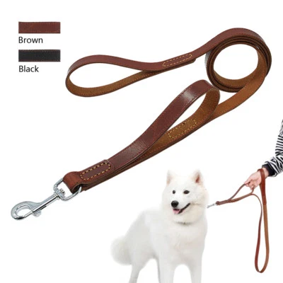 Leather Dog Leash with Dual 2 Handles Extra Long Lead Easy Control Black Brown - Image 1 of 4