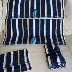 Nautica 6pc Woodbine Stripe Towel Set Coastal Nautical Beach Blue White Yellow - Picture 1 of 9