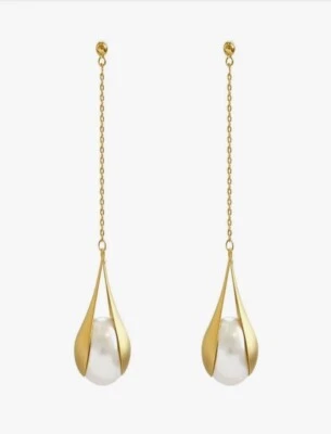 Womens Long White Faux Pearl Gold Metal Decor Dangle Drop Earrings Wedding Party - Image 1 of 4