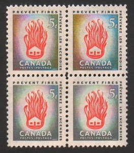 Canada #364 Block of 4, "House on Fire" (10-09-1956) Grey & Red 5¢, OG, XF, MNH - Picture 1 of 2