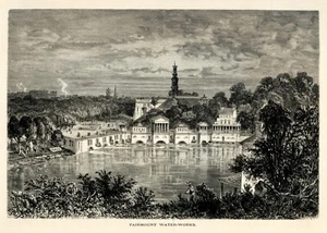 Fairmount Water-Works PA, escena histórica americana de 1874, grabado en madera antigua - Imagen 1 de 4