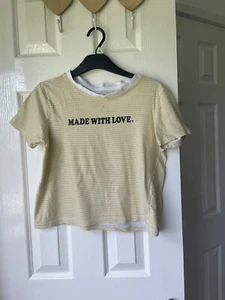 Yellow stripe “MADE WITH LOVE” cropped printed T-shirt size XS - Picture 1 of 3