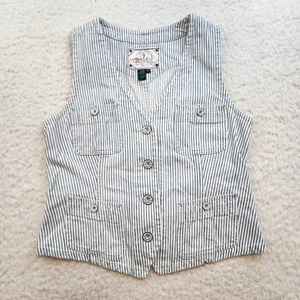 Vintage Ralph Lauren Jeans Vest Button Up M Petite Blue White Stripes Coastal - Picture 1 of 9