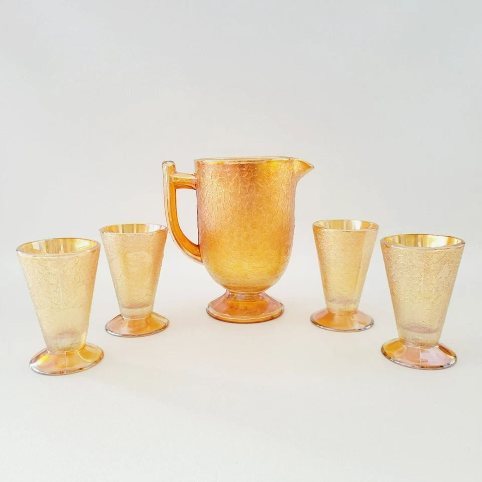 Juego de jarra y vasos de vidrio Jeannette Caléndula Carnaval: vidrio craquelado c. 1930s Foto 1 de 4