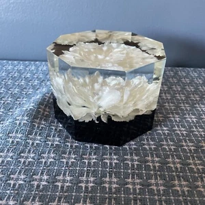 VTG Large Reversed Carved White Flower Acrylic Lucite Octagon Desk Paperweight - Picture 1 of 7