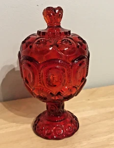 L.E. Smith \ L.G. Wright Ruby Red Glass Moon & Stars Covered Footed Candy Dish - Picture 1 of 14