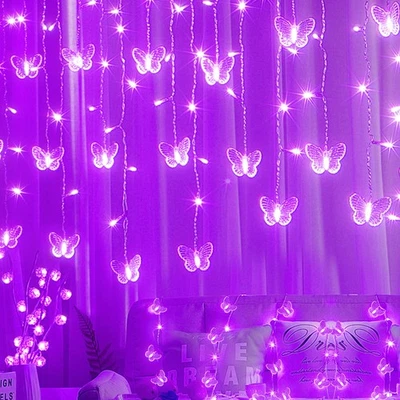 Purple Butterfly Curtain Fairy Lights USB Plug in,120 LED 8 Modes 20FT Firefl... - Image 1 of 4