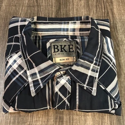 Camisa xadrez masculina BKE L preta branca ocidental pérola encaixe manga longa slim fit - Imagem 1 de 4