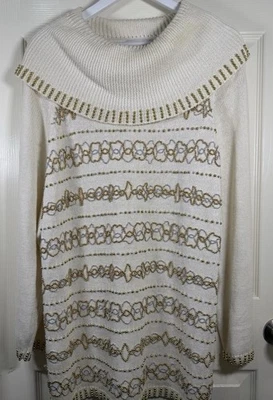 VICTORIA HARBOUR VTG Winter White Sweater Gold Silver Beads Embellished Cowl 2X - Image 1 of 4