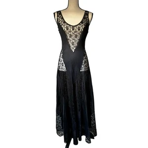 Vintage 70s Fredericks of Hollywood Med Black Lace Long Maxi Nightgown Sheer - Picture 1 of 10