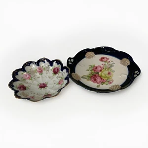 Antique IPF Germany Porcelain Hand Painted Floral Plate + Unmarked Bowl Cobalt - Picture 1 of 14