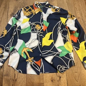 Lauren Ralph Lauren 100% Silk Button Shirt Nautical Preppy Anchors, Women's 10 - Picture 1 of 8