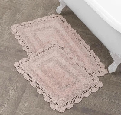 Laura Ashley ~  Reversible Cotton Crochet 2 Piece Bath Rug Set - Blush Pink - Image 1 of 4
