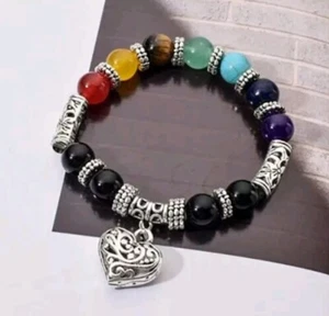 Gorgeous Colourful Chakra Balance Silver Heart Bead Bracelet - Picture 1 of 4