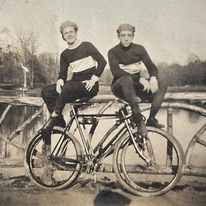 Antique Snapshot Photograph Handsome Young Men Bicycles Matching Stick Fence - Picture 1 of 9