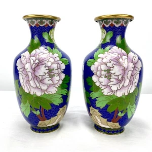 Antique Chinese Pair 2 Cloisonne Enamel Brass 8" Vases Blue Floral w/ Birds - Picture 1 of 14