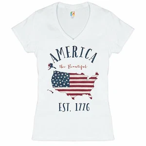 America the Beautiful Est. 1776 Women's V-Neck T-shirt 4th of July USA Tee - Picture 1 of 9
