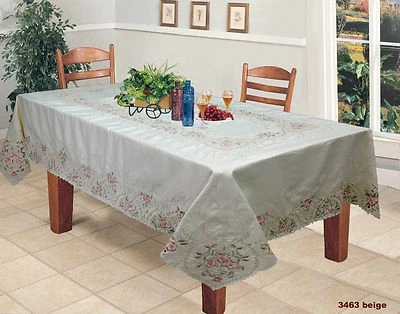Spring Embroidered Pink Rose Floral Cutwork Tablecloth With Napkins Beige 3463 - Image 1 of 4