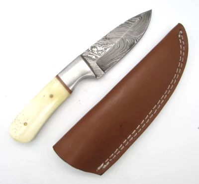 Damascus steel Drop Point Knife Oklahoma? original Leather Sheath Bone Handle - Image 1 of 4