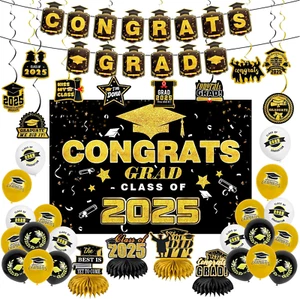 Graduation Decorations Class of 2025 Black and Gold Graduation Party Decor Set I - Picture 1 of 12