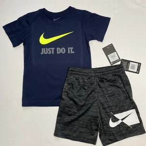 Nike Boys JDI Tee Shirt & Dri-Fit Shorts Set Outfit Obsidian Volt Black Sz 6 - Picture 1 of 8