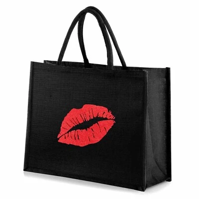 COOCOO Large Jute Hessian Burlap Black Shopping Bag Shopper - Red Glitter Lips Motif