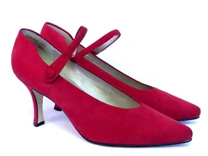 Apostrophe Kammer Red Leather Heels Womens Size 7.5 W Cherry Suede Button Strap - Picture 1 of 9