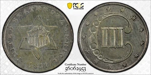 1851 Three Cent Silver ~ Graded PCGS Genuine AU Details - Picture 1 of 7