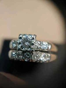 Art Deco Style Round Lab Created Diamond Wedding Two-Tone 14K Gold FN Rng Set - Picture 1 of 9