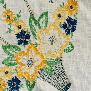 Antique Vtg embroidered tablecloth 46x54” Floral Baskets Crocheted Edges - Picture 1 of 10