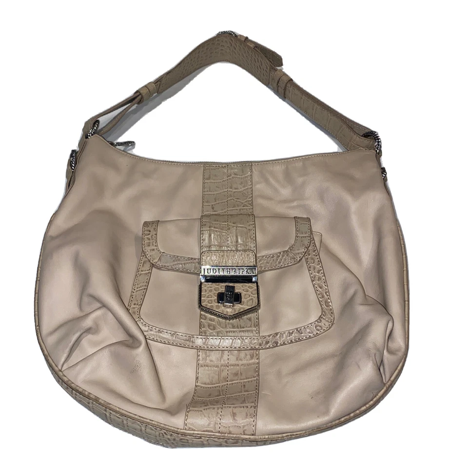 Judith Ripka Purse Handbag Tote Shoulder Hand Bag Mauve Beige Zip Leather QVC - Image 1 of 4