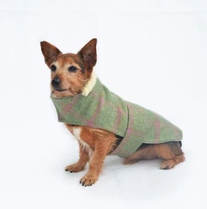 MINKEYS TWEED BESPOKE TWEED DOG COAT RASPBERRY (green and pink) 14 inch - Picture 1 of 8