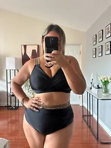 **NEW Women's High Waisted Tummy Control Two Piece Swimsuit Size Plus Size Gold - Picture 1 of 4