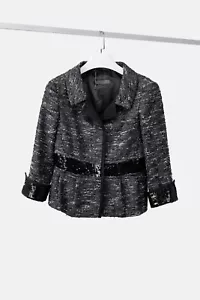 Alberta Ferretti Sequin Trim Grey and Black Tweed Jacket, Size US 8 - Picture 1 of 12