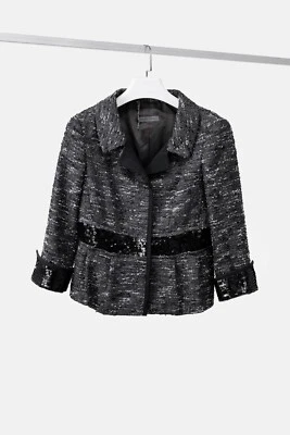 Alberta Ferretti Sequin Trim Grey and Black Tweed Jacket, Size US 8 — 第 1/4 张图片