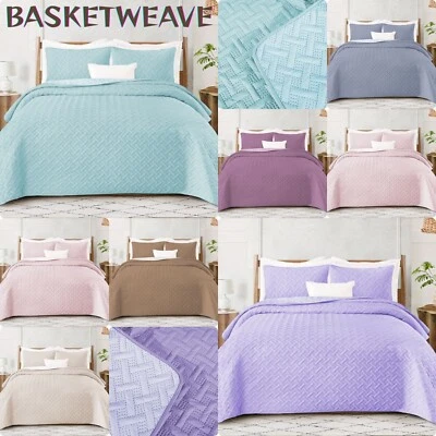 3 Pcs Quilted Reversible Bedspread Bed Throw Single Double King Size Bedding Set - Image 1 of 4