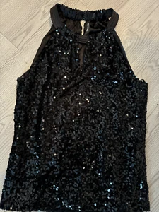 Tahari Womens Sz S Hope Blouse Black Sequin Tank Keyhole Neck Evening Wear Top - Foto 1 di 4