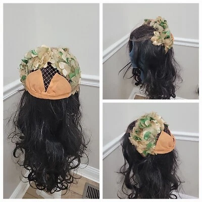 Vintage Mid Century Floral Half Hat, 1950s Blossoms With Bow  - Image 1 of 4