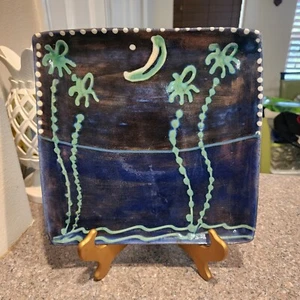 Large Earthworks Barbados Glazed Terracotta Beach Scene 11" X 11" Serving Plate - Picture 1 of 8